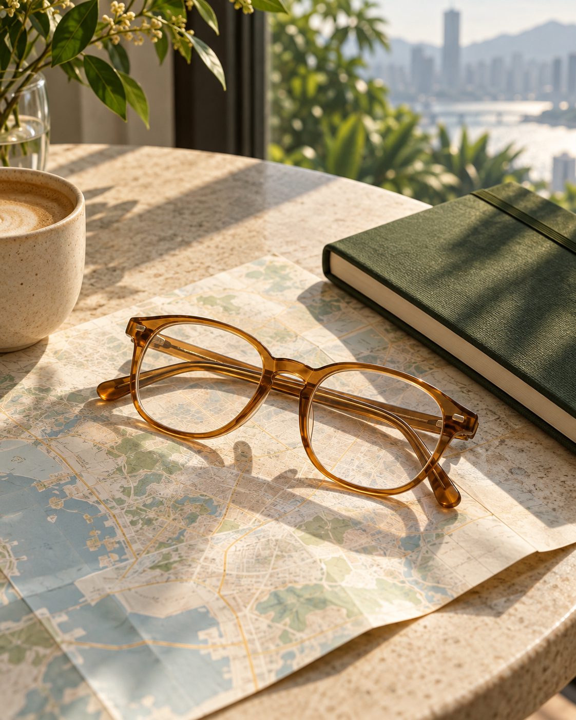 Amber eyeglasses resting on a city map beside a green travel notebook and coffee
